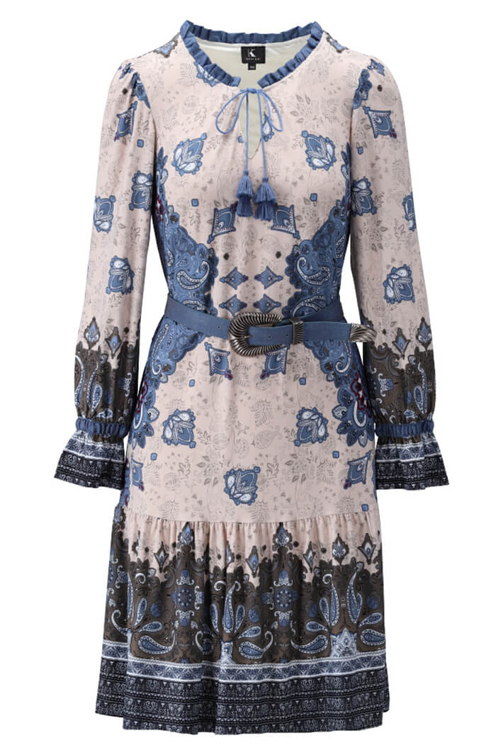 K Design X363 Stone Blue Denim Print Dress With Belt - Experience Boutique