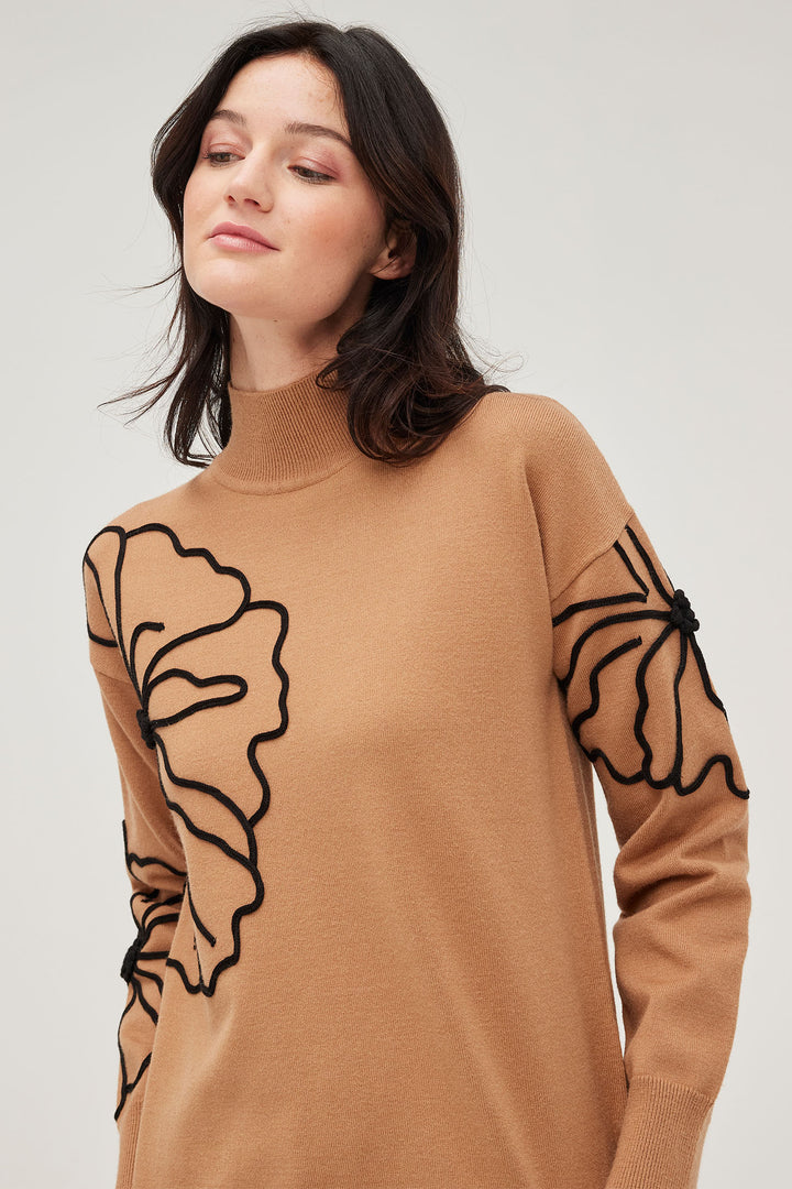 Leo & Ugo AW443 Camel & Black Hibiscus Knit Jumper - Experience Boutique