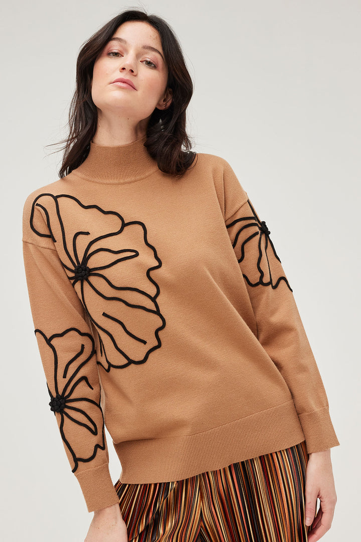 Leo & Ugo AW443 Camel & Black Hibiscus Knit Jumper - Experience Boutique