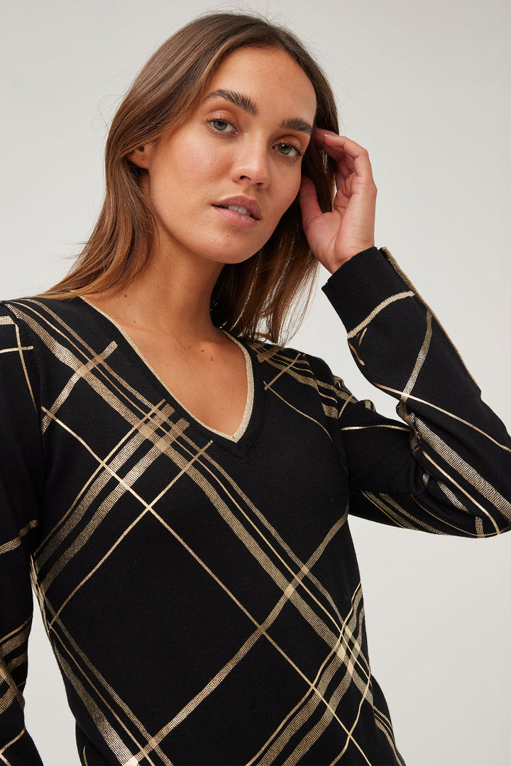 Leo & Ugo AW486 Black & Metallic Gold Check Jumper - Experience Boutique