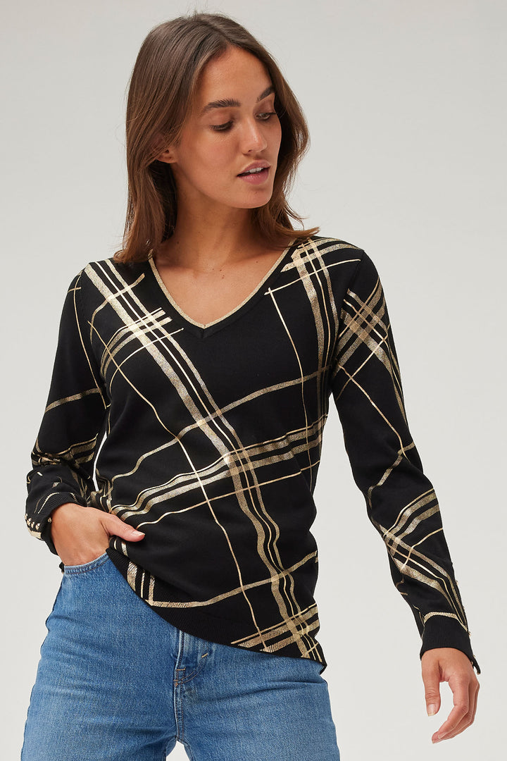 Leo & Ugo AW486 Black & Metallic Gold Check Jumper - Experience Boutique