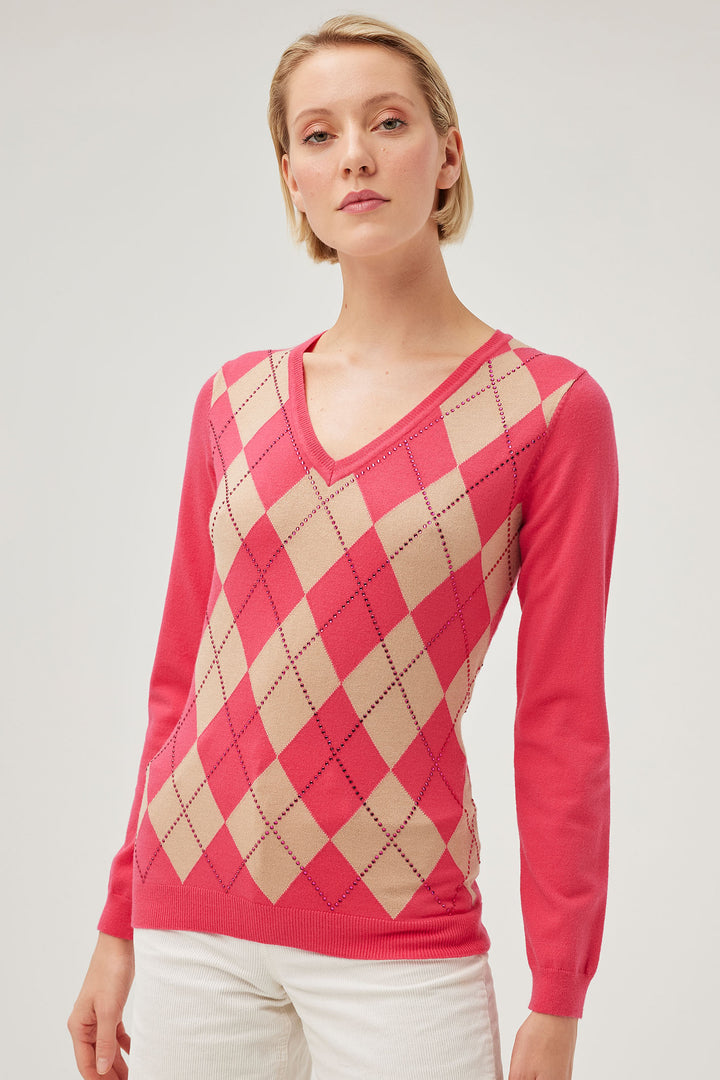 Leo & Ugo AW491 Fuchsia & Camel Argyll Knit Jumper - Experience Boutique