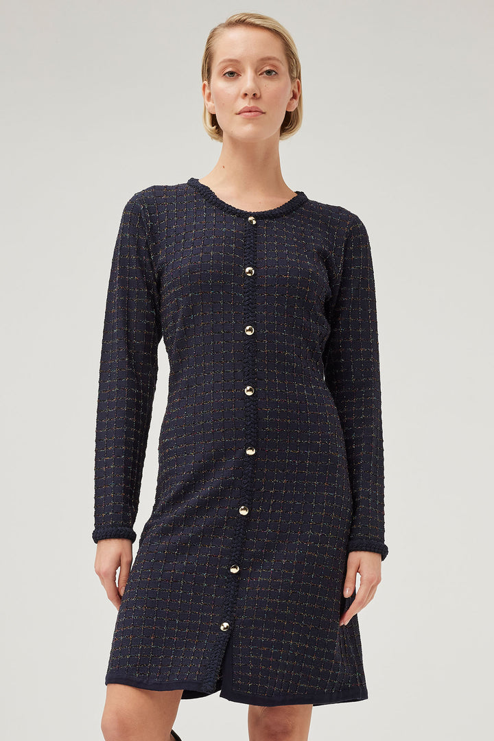 Leo & Ugo AWR499 Navy Shimmer Check Knit Dress - Experience Boutique