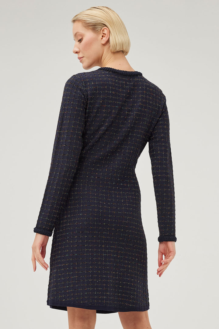 Leo & Ugo AWR499 Navy Shimmer Check Knit Dress - Experience Boutique