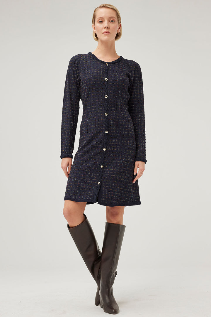 Leo & Ugo AWR499 Navy Shimmer Check Knit Dress - Experience Boutique