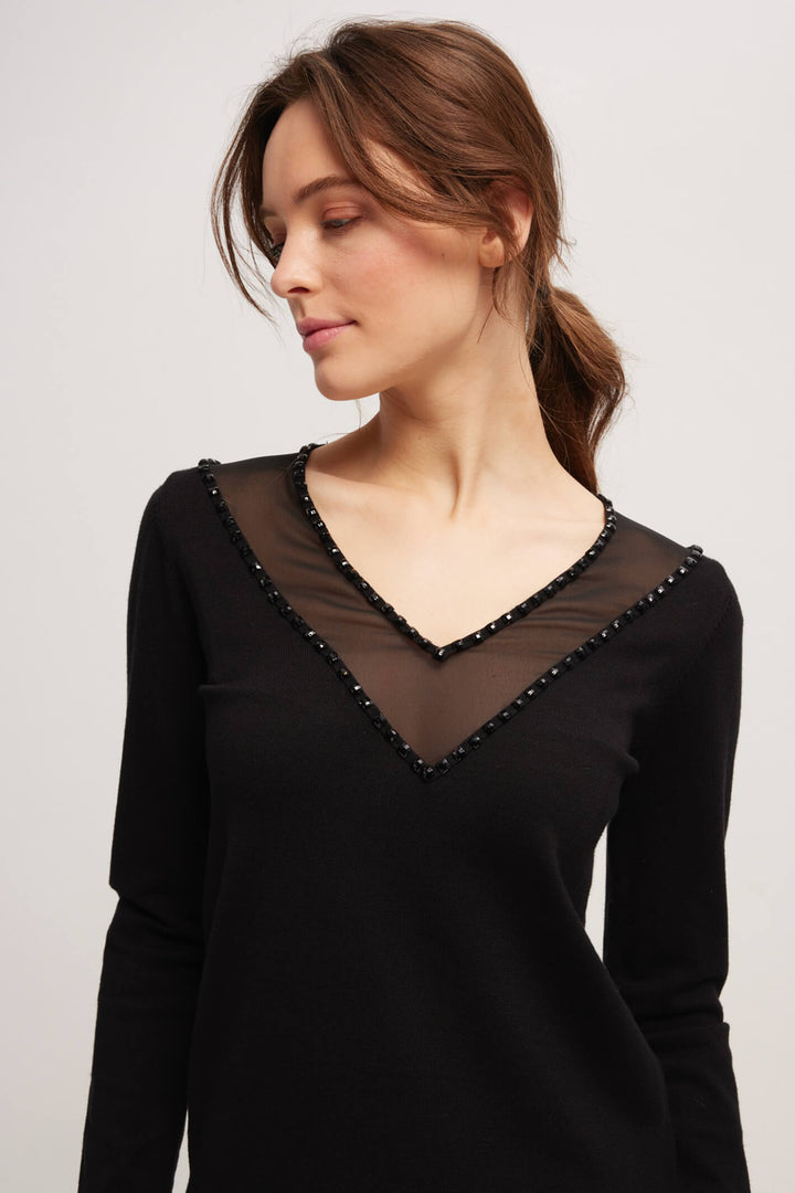 Leo & Ugo BH941 Black V-Neck Mesh Detail Jumper - Experience Boutique