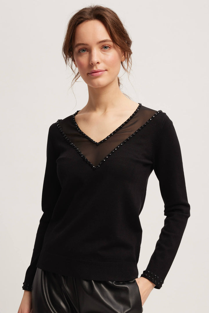 Leo & Ugo BH941 Black V-Neck Mesh Detail Jumper - Experience Boutique