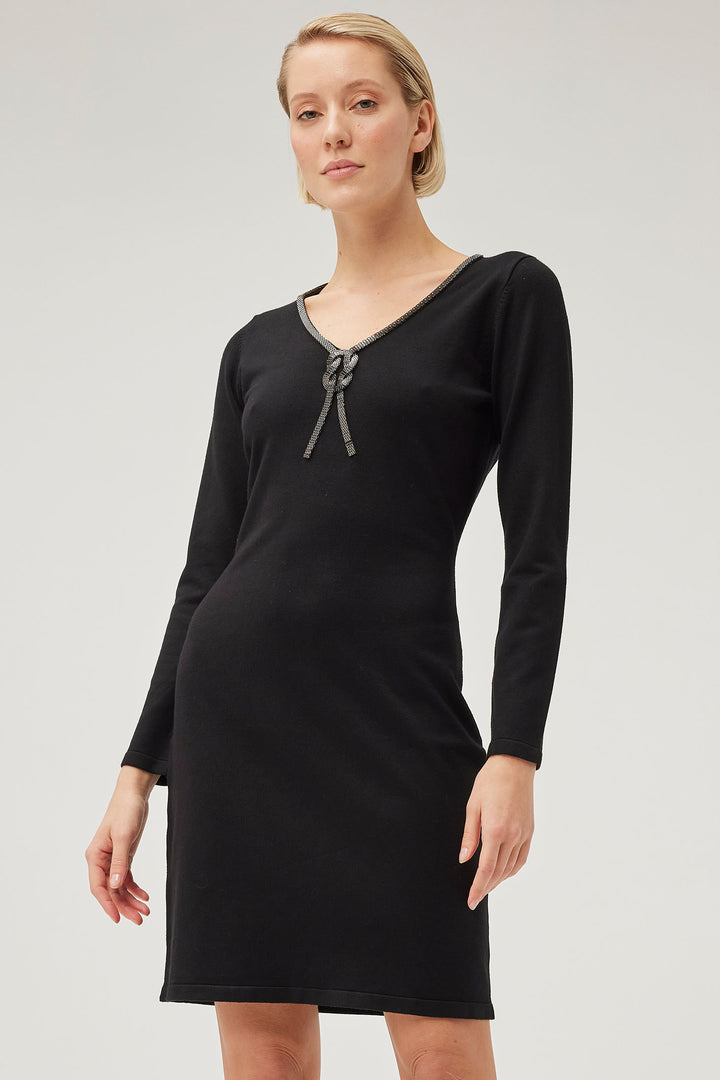 Leo & Ugo BWR501 Black Embellished Tie Detail Knit Dress - Experience Boutique