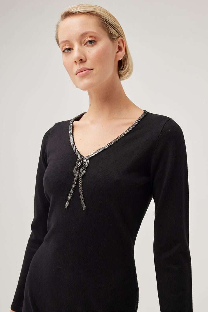 Leo & Ugo BWR501 Black Embellished Tie Detail Knit Dress - Experience Boutique