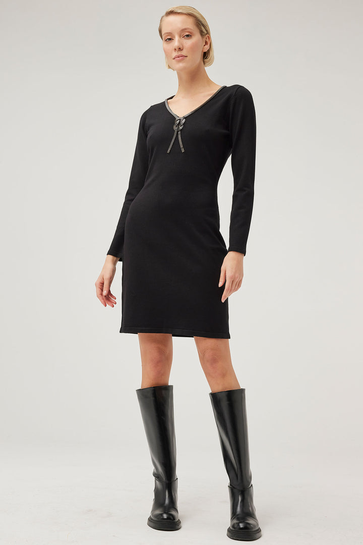 Leo & Ugo BWR501 Black Embellished Tie Detail Knit Dress - Experience Boutique