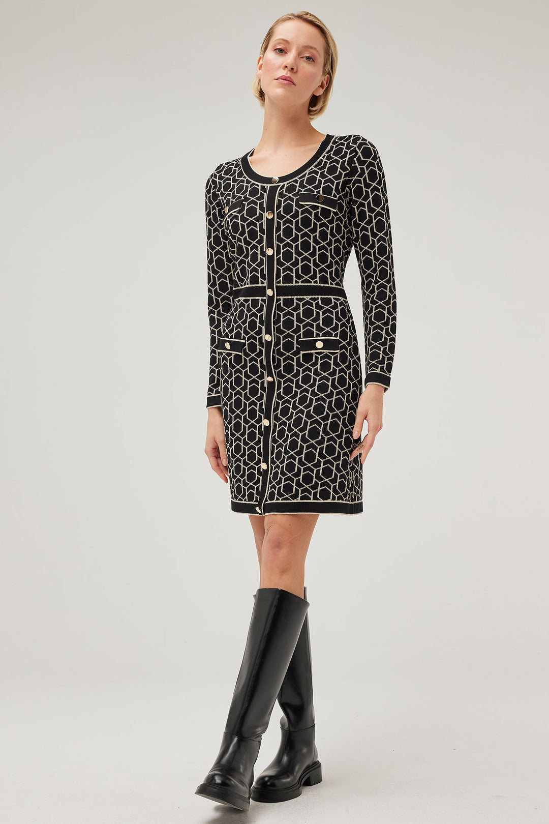 Leo & Ugo BWR544 Black & Gold Geo Print Dress - Experience Boutique