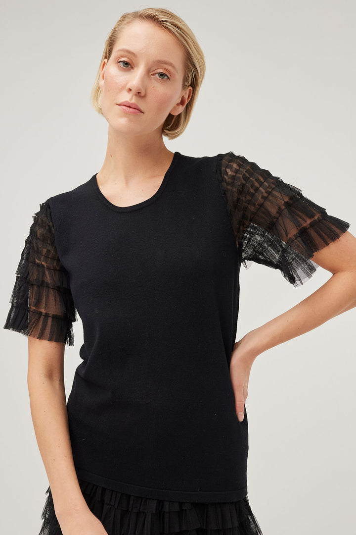 Leo & Ugo KH114 Black Ruffle Sleeve Jumper - Experience Boutique