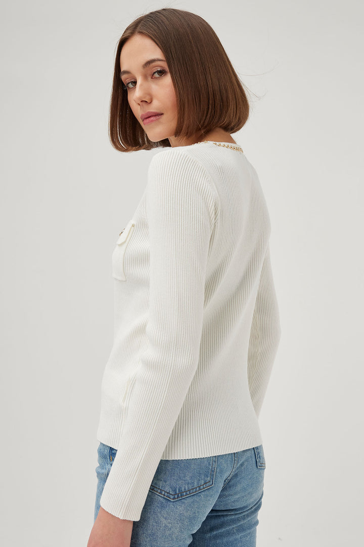 Leo & Ugo KH146 Off White Embellished Rib Knit Jumper - Experience Boutique