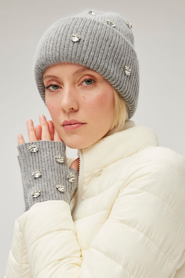 Leo & Ugo KHBG188 Grey Jewel Cashmere Hat & Glove Set - Experience Boutique