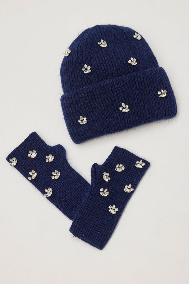 Leo & Ugo KHBG188 Navy Jewel Cashmere Hat & Glove Set - Experience Boutique