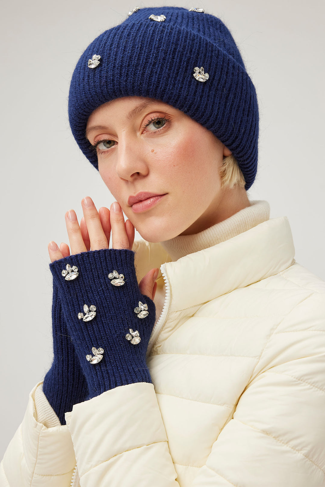 Leo & Ugo KHBG188 Navy Jewel Cashmere Hat & Glove Set - Experience Boutique