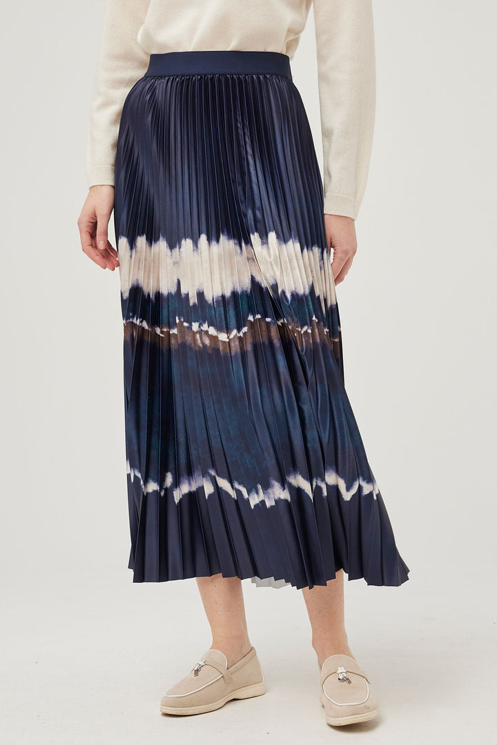 Leo & Ugo KHJ126 Navy Tye Dye Pleated Satin Skirt - Experience Boutique