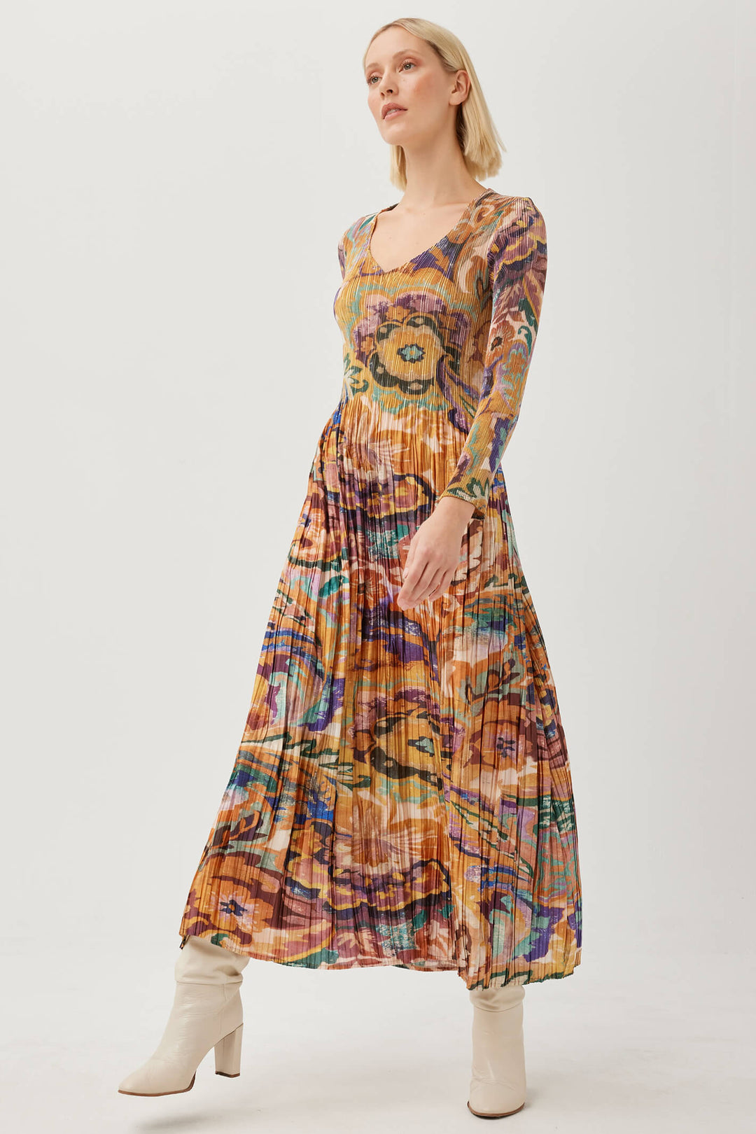 Leo & Ugo KHR202 Mustard Yellow Crushed Pleat Print Dress - Experience Boutique