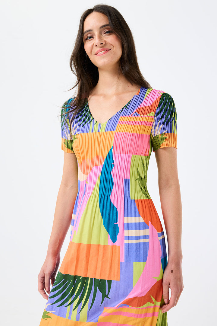 Leo & Ugo Multicolour Tropical Print Stretch Pleat Summer Dress YER631 - Experience Boutique