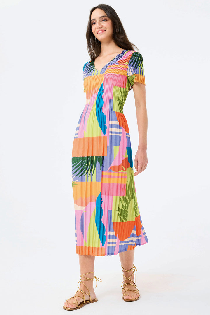 Leo & Ugo Multicolour Tropical Print Stretch Pleat Summer Dress YER631 - Experience Boutique