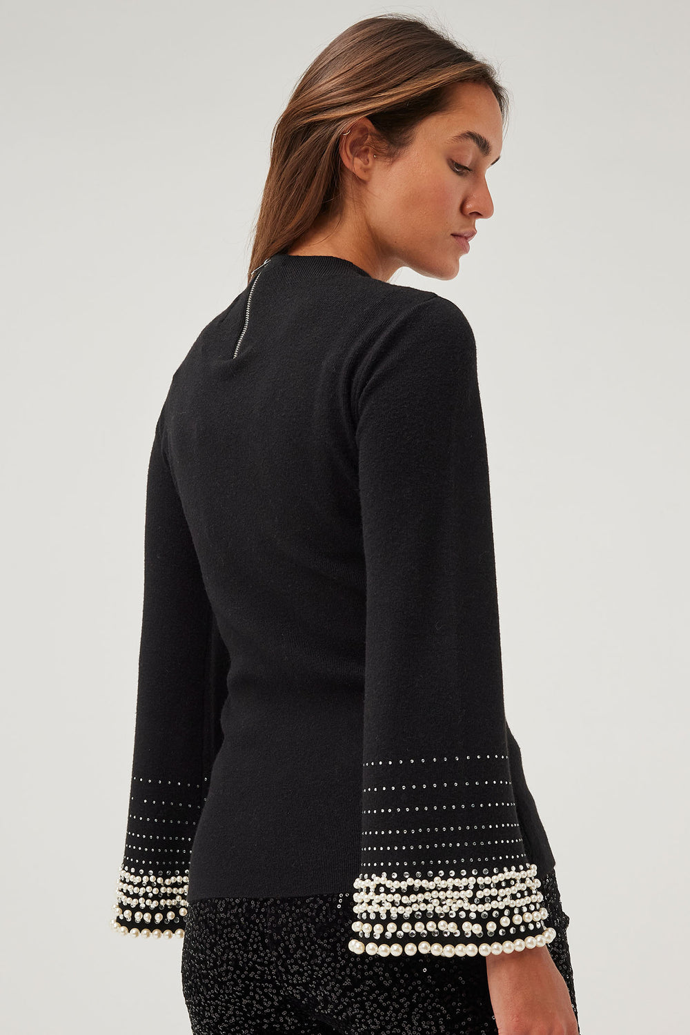 Leo & Ugo MW252 Black Pearl & Diamante Sleeve Knit Jumper - Experience Boutique