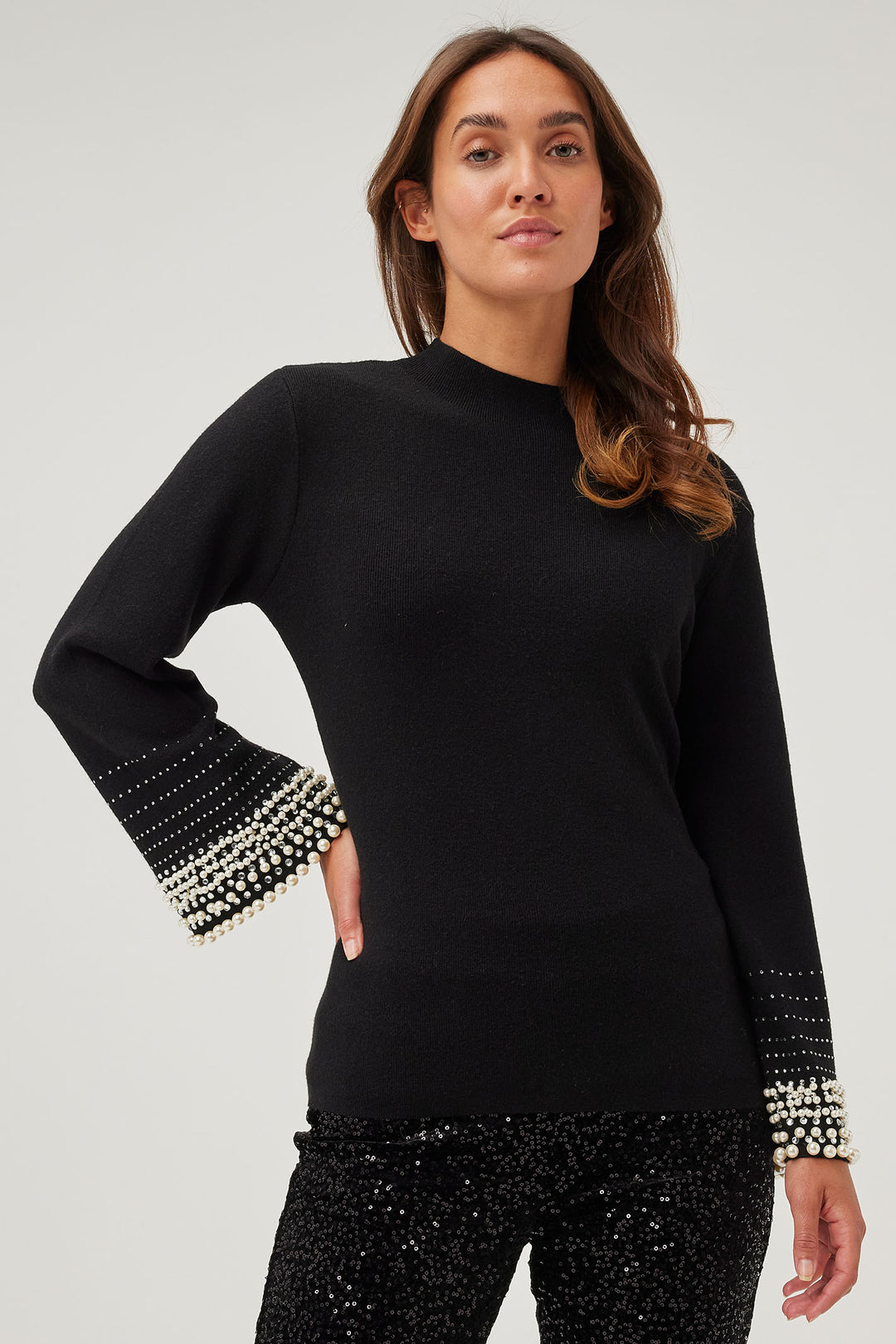 Leo & Ugo MW252 Black Pearl & Diamante Sleeve Knit Jumper - Experience Boutique