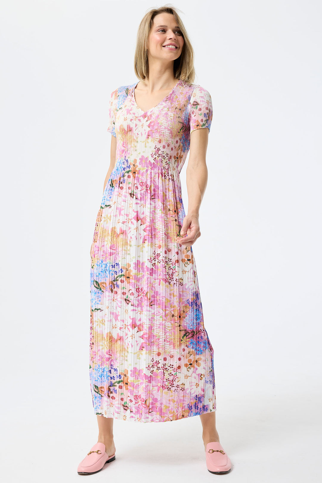 Leo & Ugo Pink Floral Stretch Fit Pleated Dress KER808 - Experience Boutique