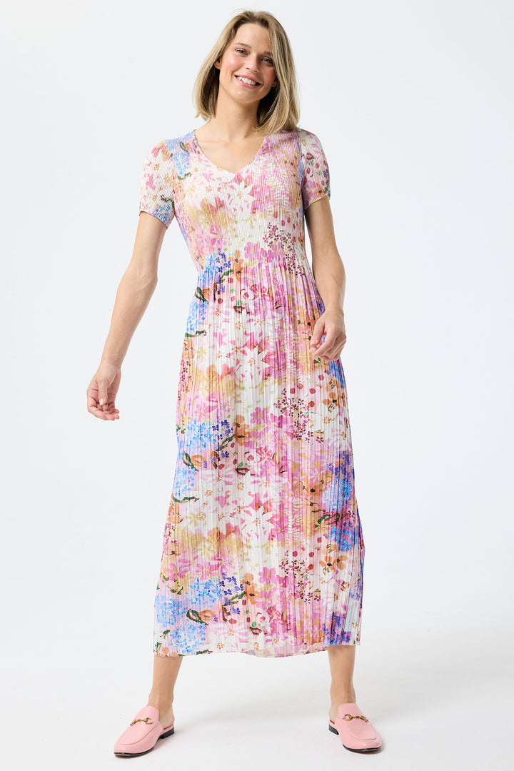 Leo & Ugo Pink Floral Stretch Fit Pleated Dress KER808 - Experience Boutique