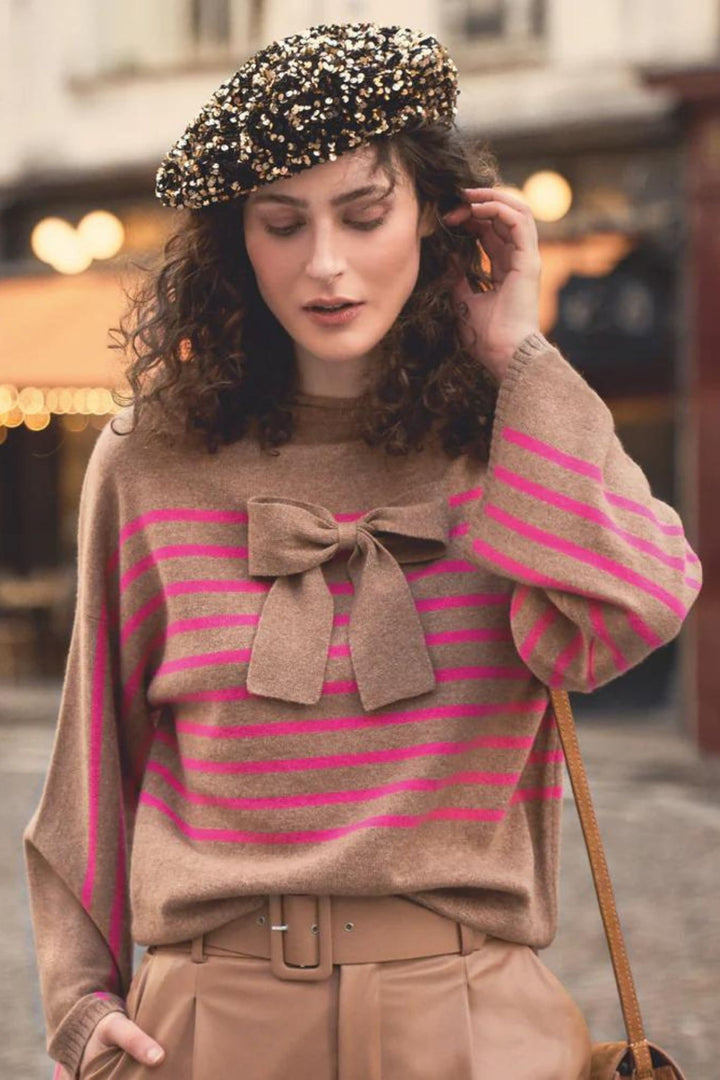 Leo & Ugo NH538 Brown Fucshia Bow Front Jumper