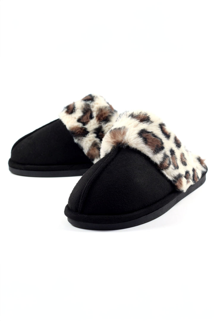 Lunar KLB034 Black Leopard Print Faux Fur Slippers