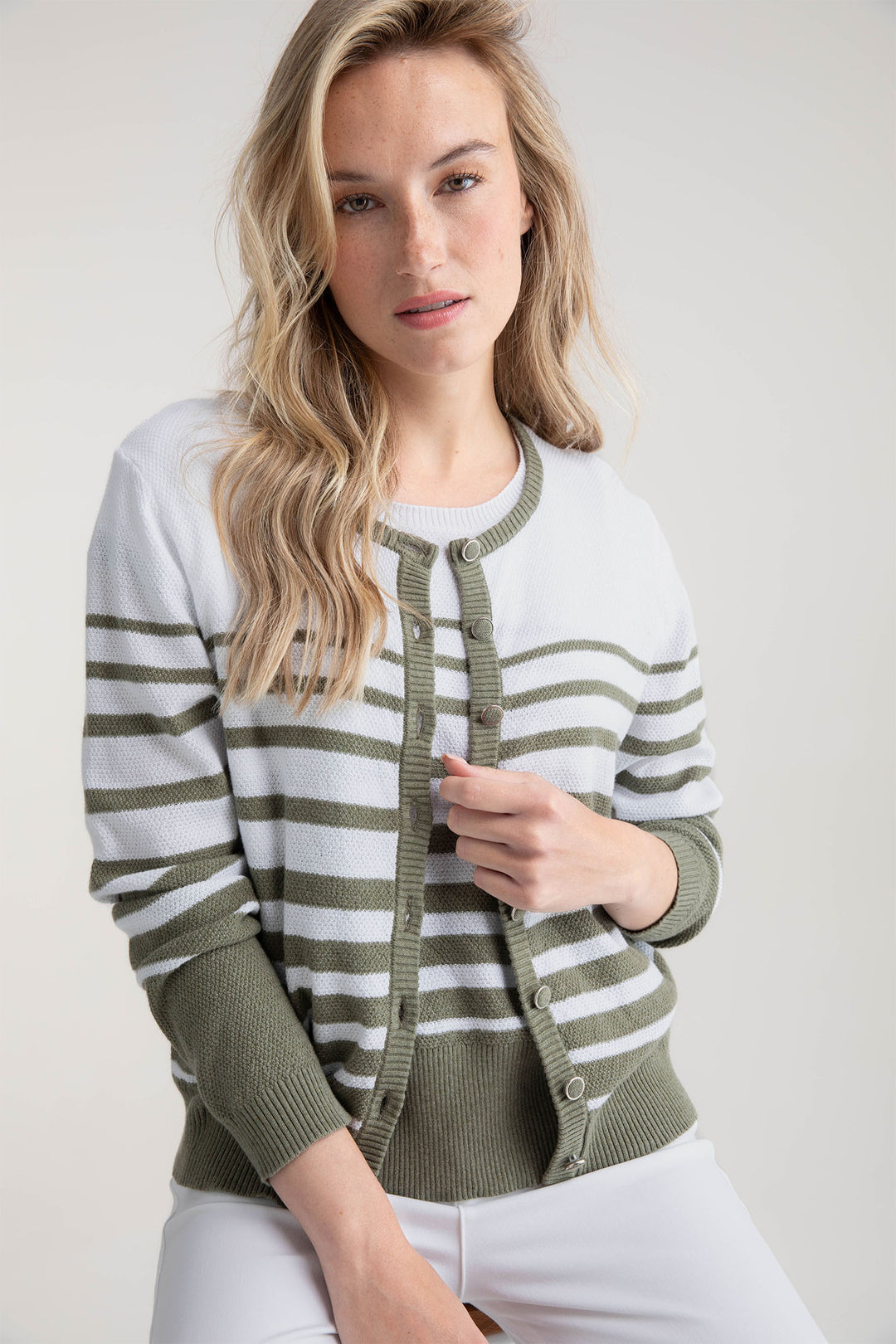 Marble Cardigan Olive Green Stripe 7885 123 - Experience Boutique