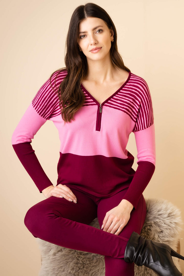 Marble Fashion 6715 207 Pink V-Neck Striped Jumper - Experience Boutique