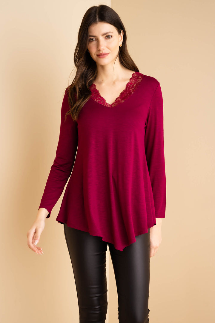 Marble Fashion 7091 205 Burgundy Red Lace Neck Tunic Top - Experience Boutique