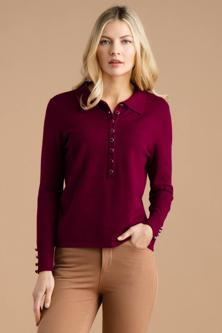 Marble Fashion 7105 205 Burgundy Red Button Neck Polo Style Jumper - Experience Boutique