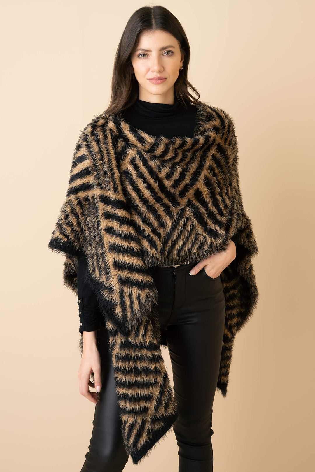 Marble Fashion 7137 209 Blck Brown Fluffy Plush Knit Cape - Experience Boutique