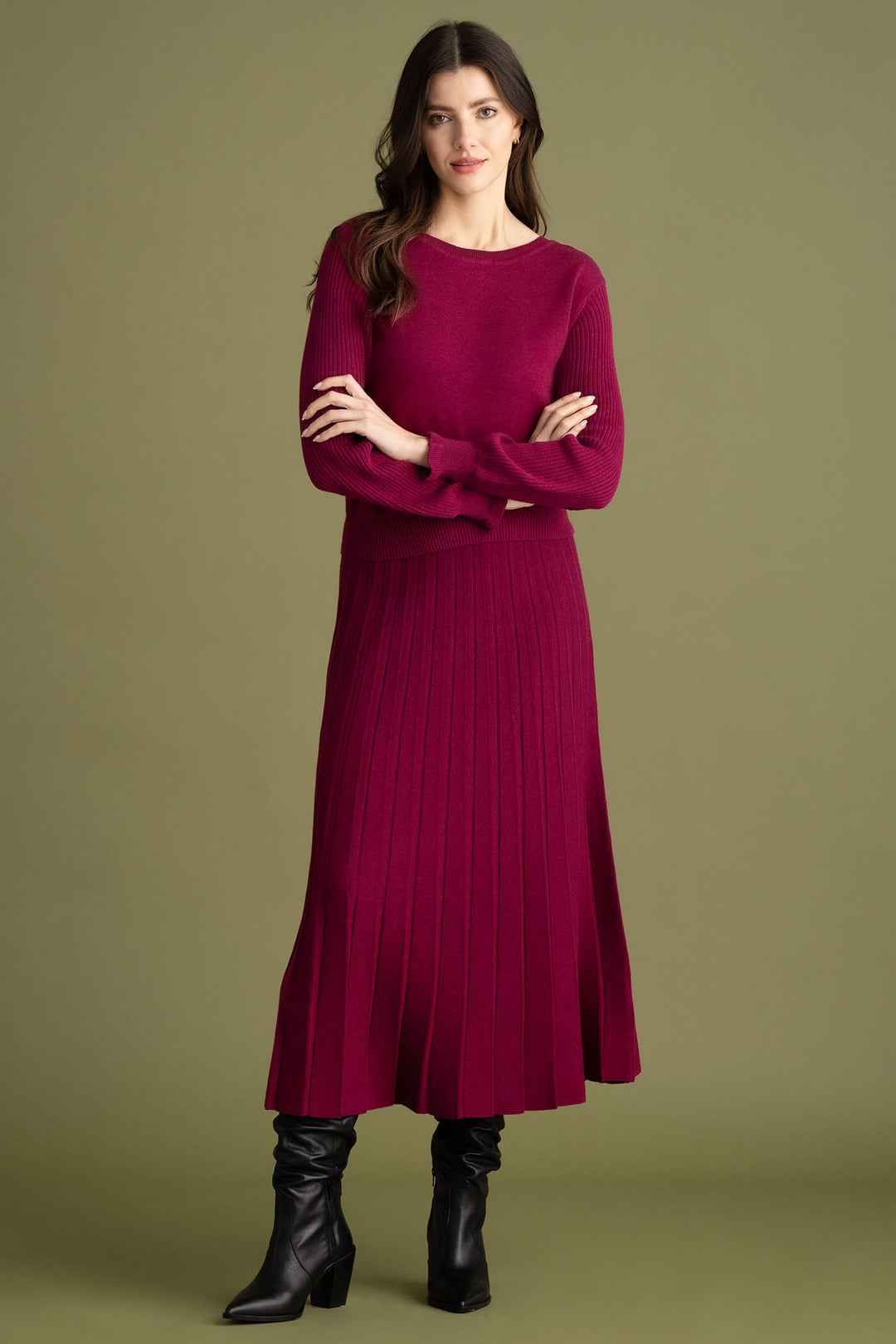 Marble Fashion 7176 205 Burgundy Red Pleated Midi Knit Skirt - Experience Boutique