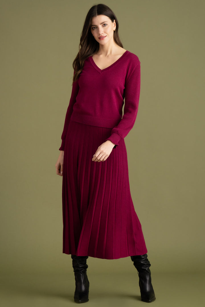 Marble Fashion 7176 205 Burgundy Red Pleated Midi Knit Skirt - Experience Boutique