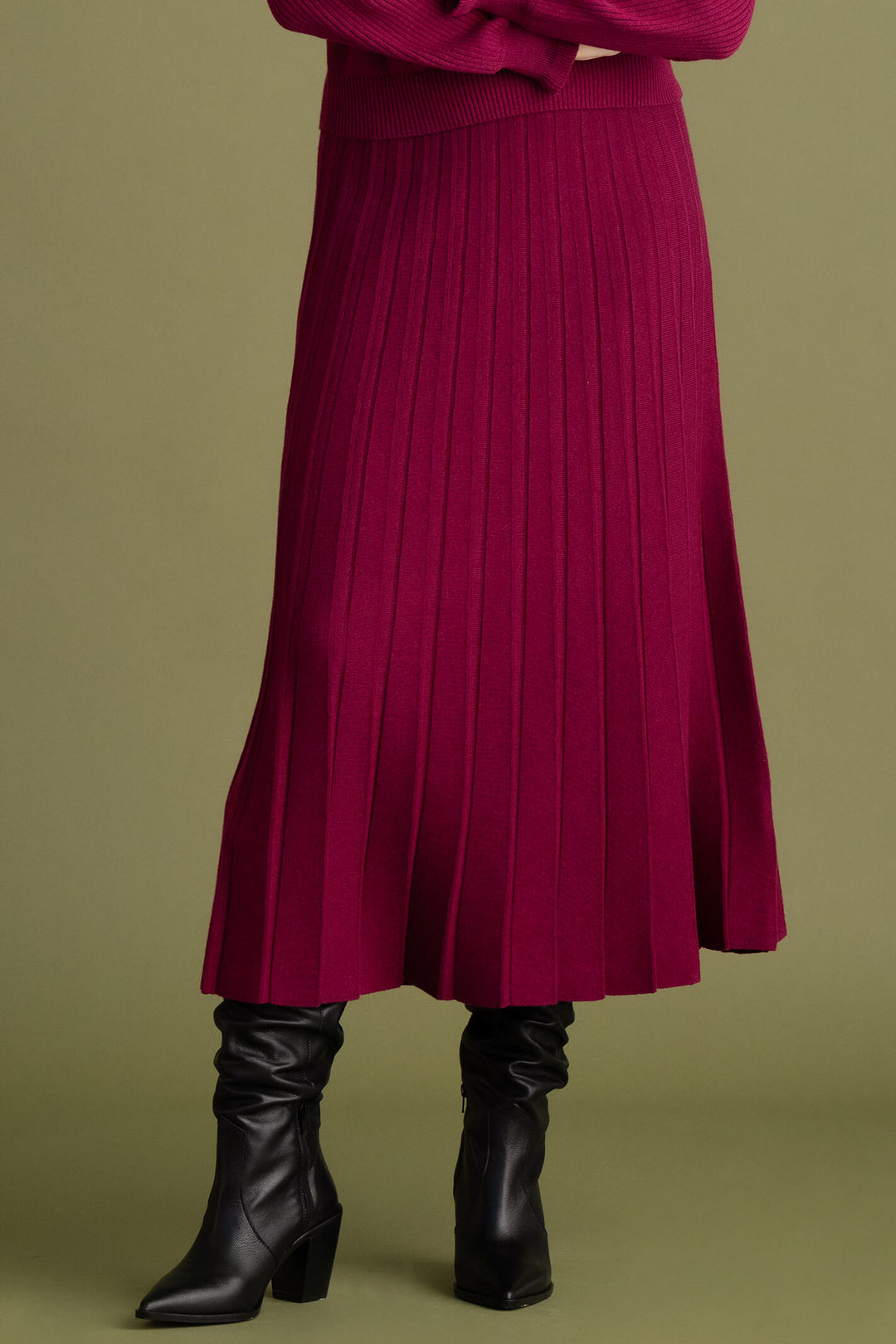 Marble Fashion 7176 205 Burgundy Red Pleated Midi Knit Skirt - Experience Boutique