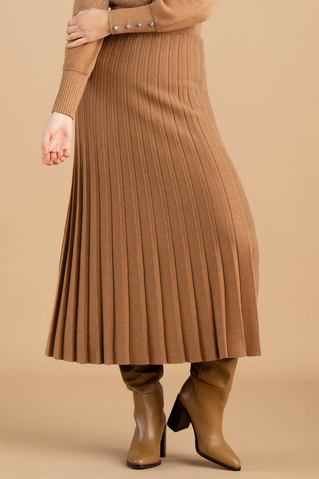 Marble Fashion 7176 208 Brown Pleated Midi Knit Skirt - Experience Boutique