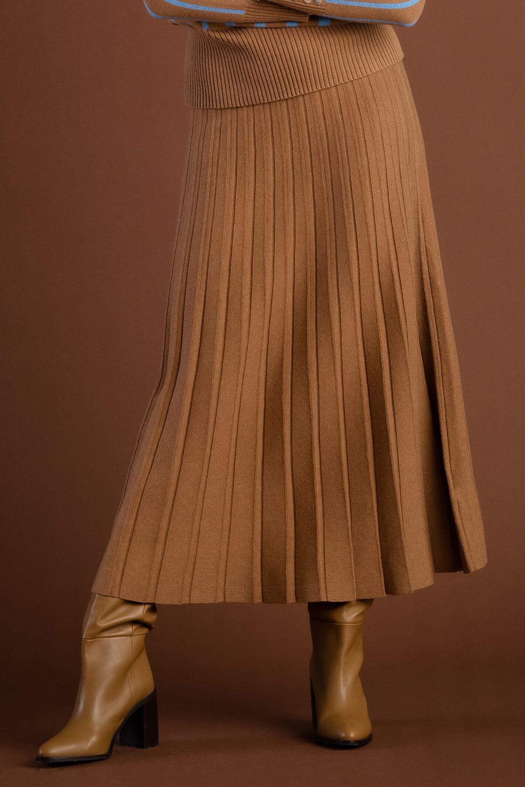 Marble Fashion 7176 208 Brown Pleated Midi Knit Skirt - Experience Boutique