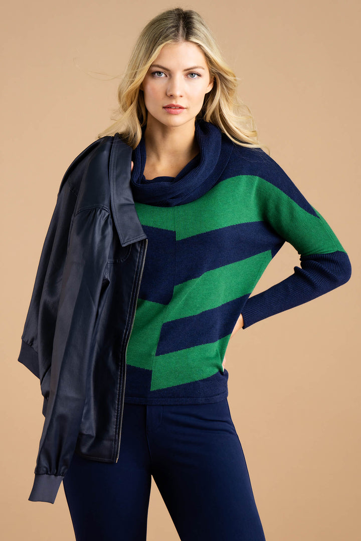 Marble Fashion 7204 103 Green Navy Cowl Neck Jumper - Experience Boutique