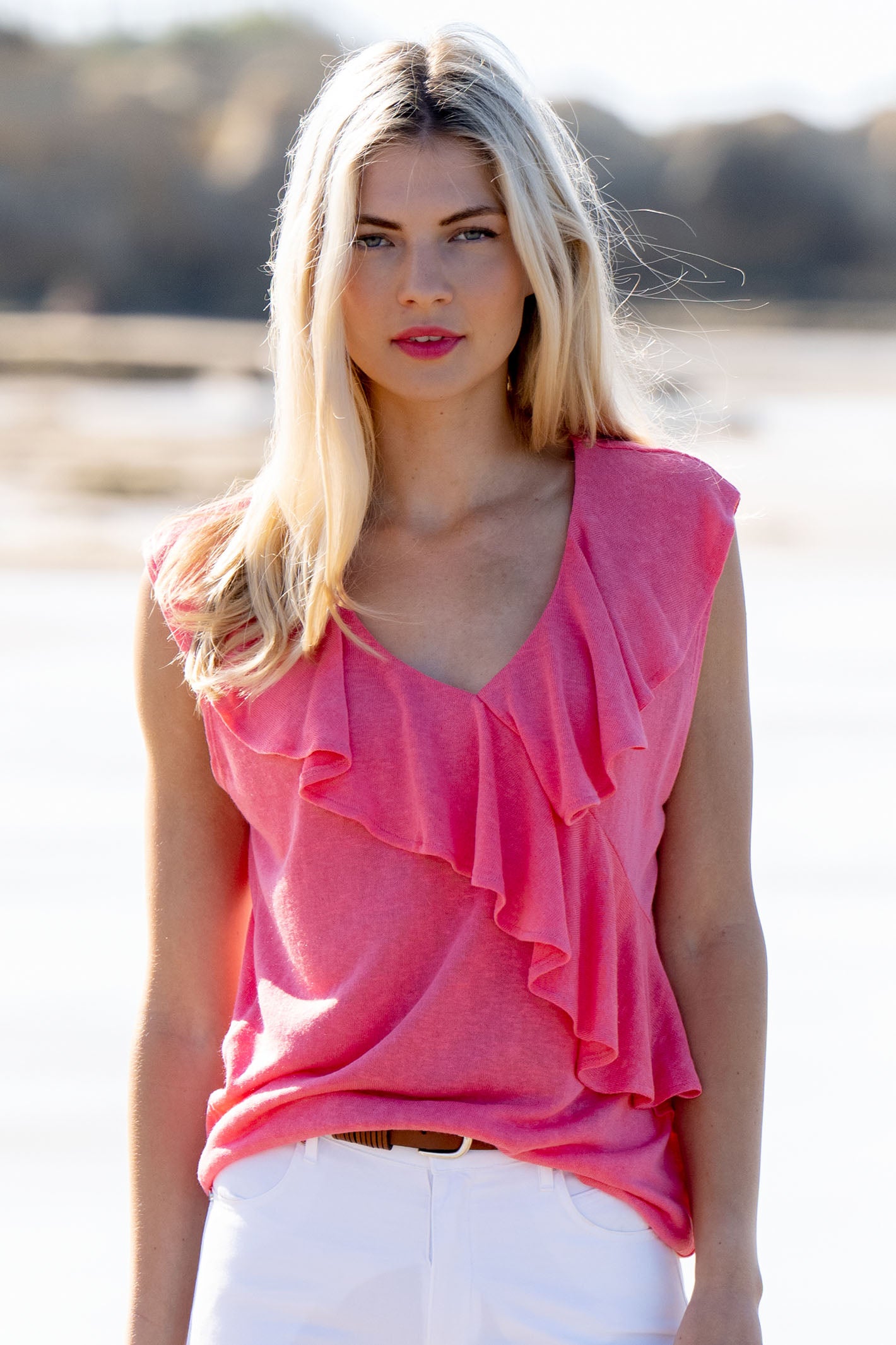 Pink ruffle top online