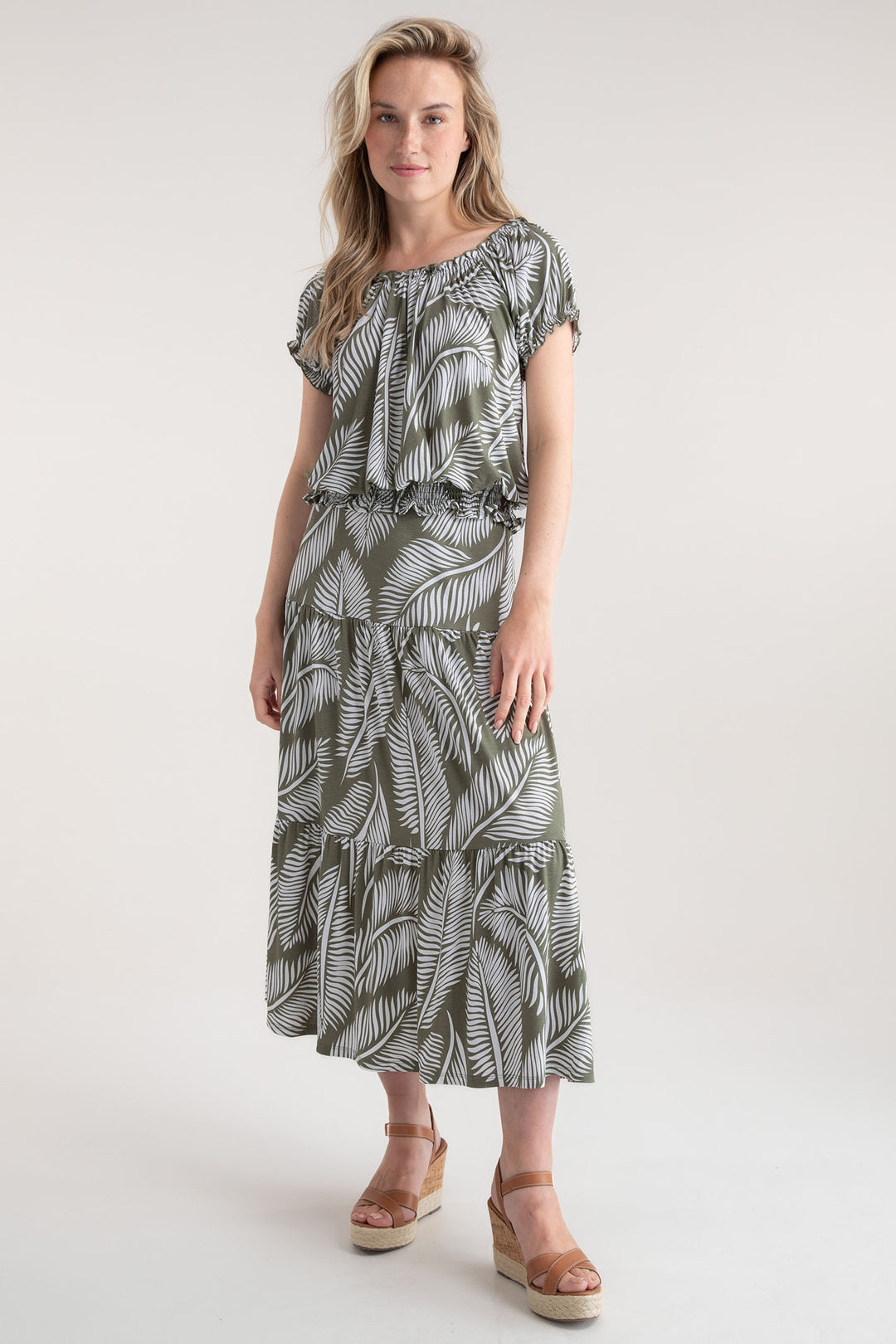 Marble Skirt Midi Olive Green Palm Print 7946 123 - Experience Boutique