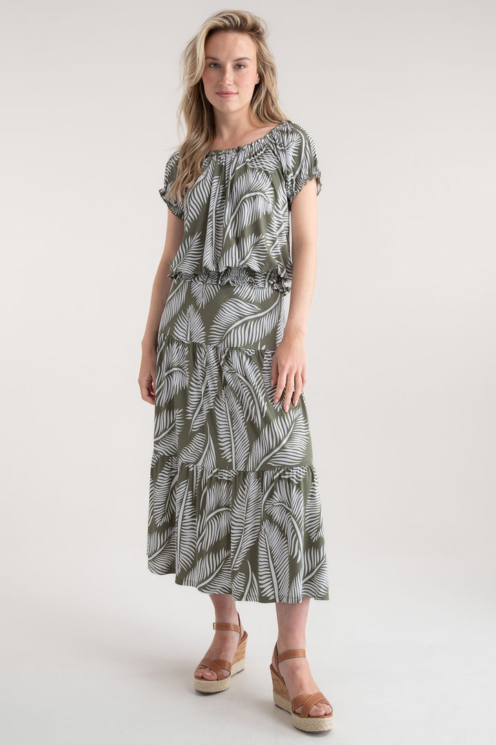 Marble Skirt Midi Olive Green Palm Print 7946 123 - Experience Boutique