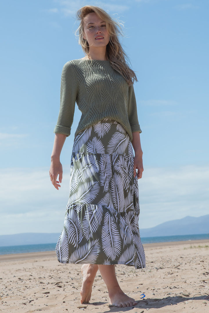 Marble Skirt Midi Olive Green Palm Print 7946 123 - Experience Boutique