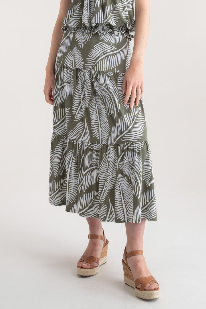 Marble Skirt Midi Olive Green Palm Print 7946 123 - Experience Boutique