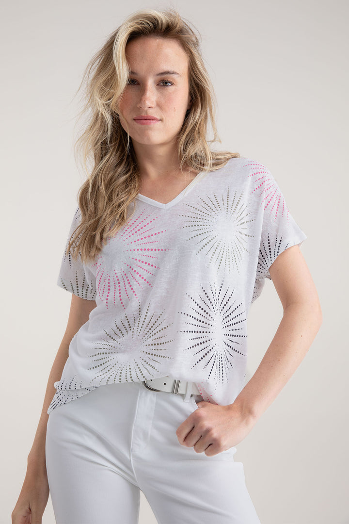 Marble Top V-Neck Pink Starburst Print 7848 194 - Experience Boutique