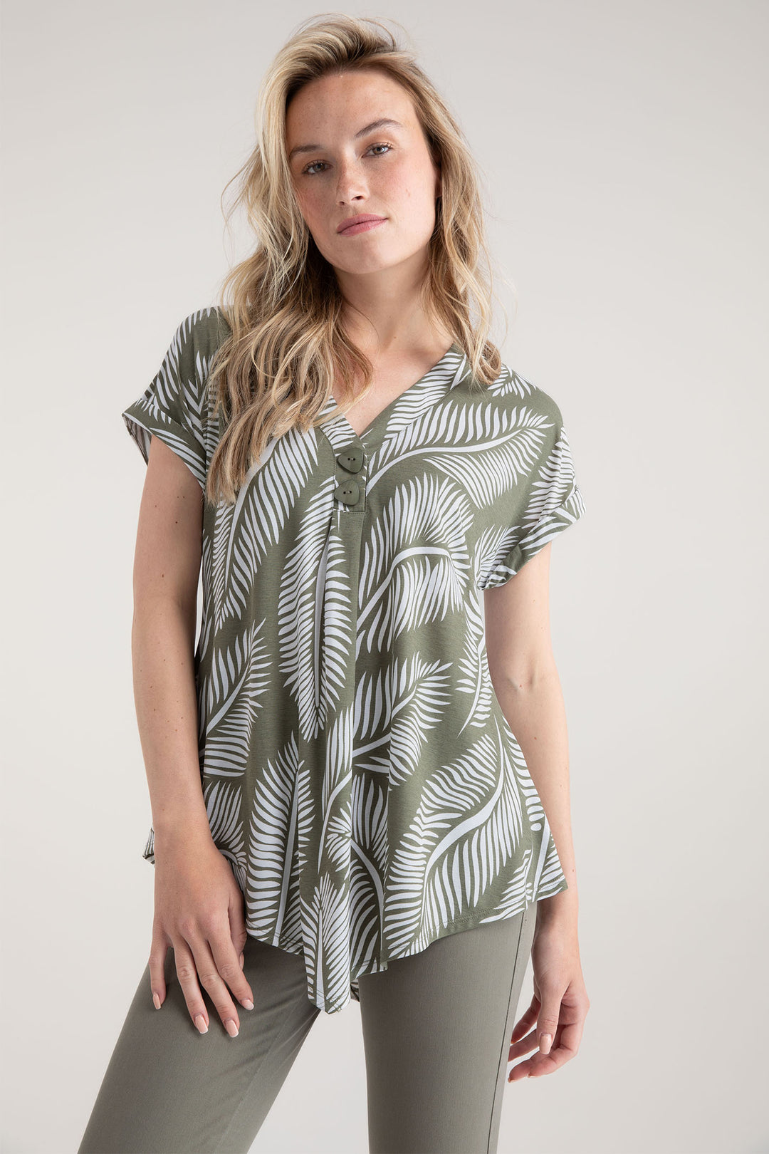 Marble Tunic Top Palm Print Olive Green 7935 123 - Experience Boutique