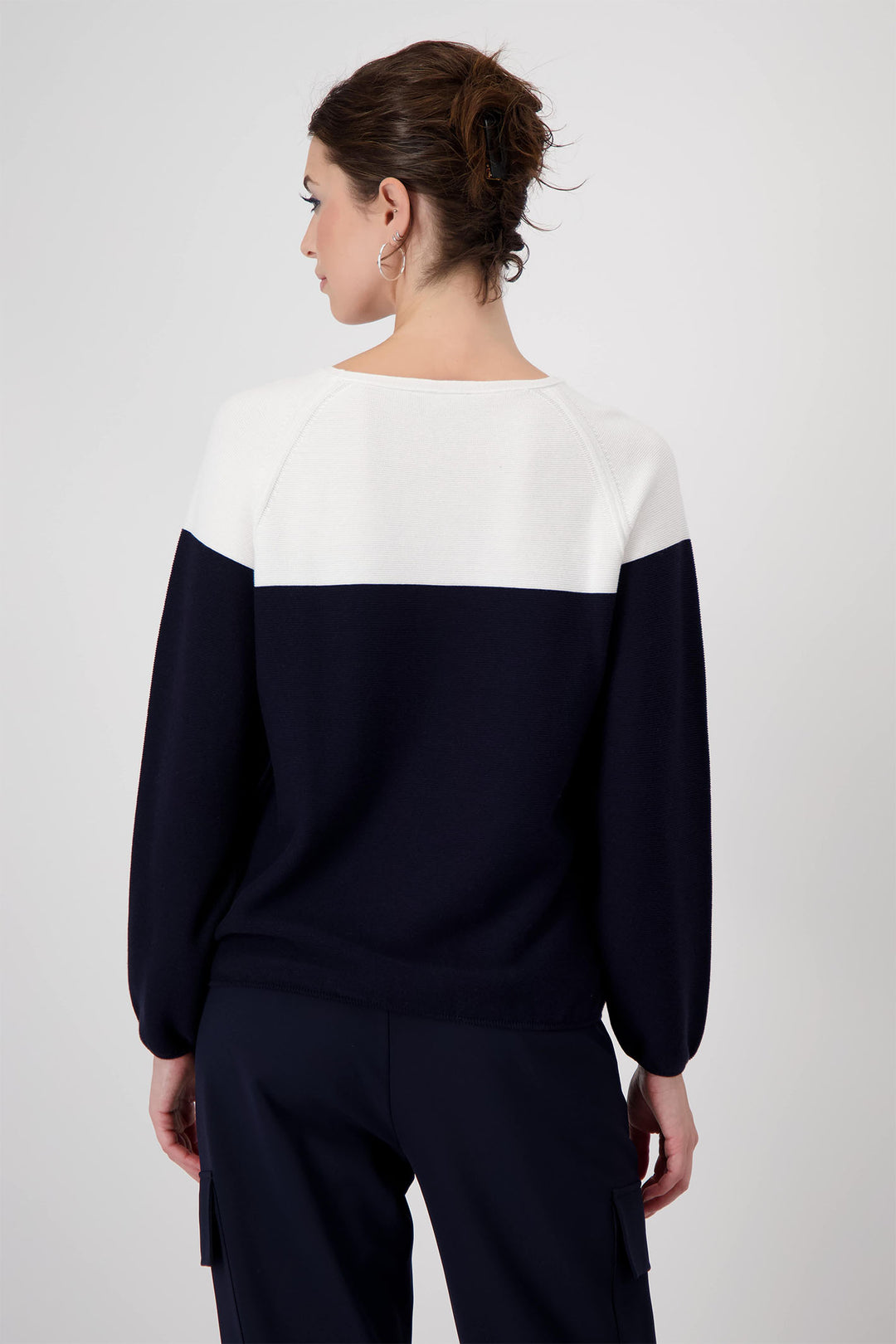 Monari Deep Ocean Navy Colour Block Embellished Jumper 409242 - Experience Boutique