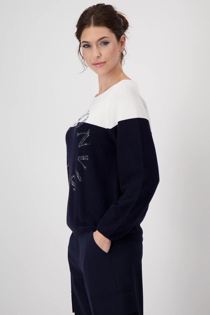 Monari Deep Ocean Navy Colour Block Embellished Jumper 409242 - Experience Boutique